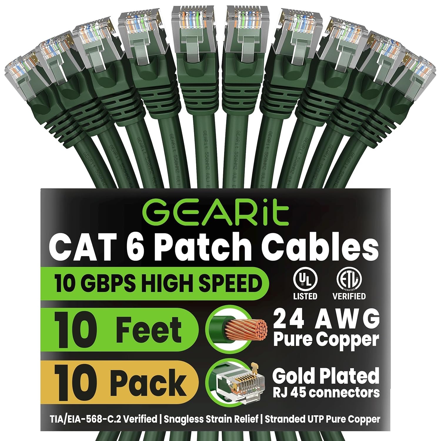 Cat 6 Ethernet Cable 10 Ft (10-Pack) - Cat6 Patch Cable, Cat 6 Patch Cable, Cat6 Cable, Cat 6 Cable, Cat6 Ethernet Cable, Network Cable, Internet Cable - Green 10 Feet