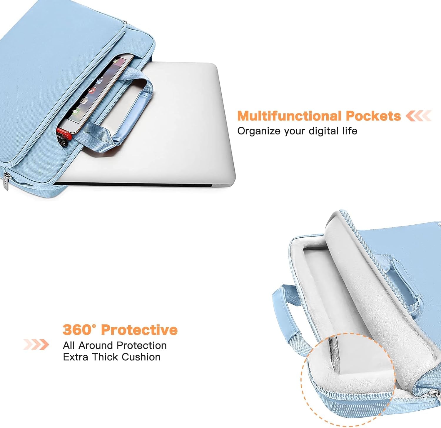 360 Protective Laptop Shoulder Bag Compatible with Macbook Pro 16 Inch 2021 2022 M1 A2485/2019-2020 A2141/Pro 15 A1398, 15-15.6 Inch Notebook, Matching Color Sleeve with Belt, Airy Blue
